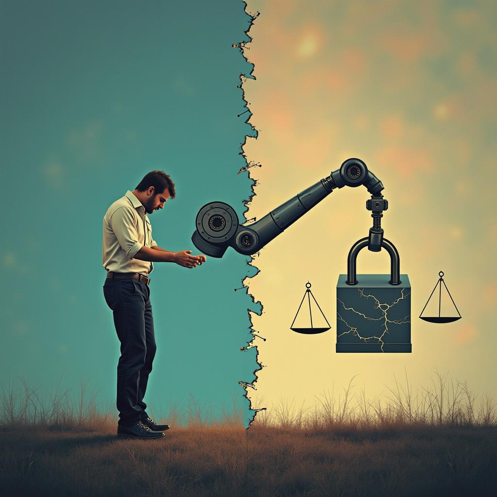 Depiction of AI implementation risks in business, highlighting job displacement, data privacy issues, and algorithmic bias.