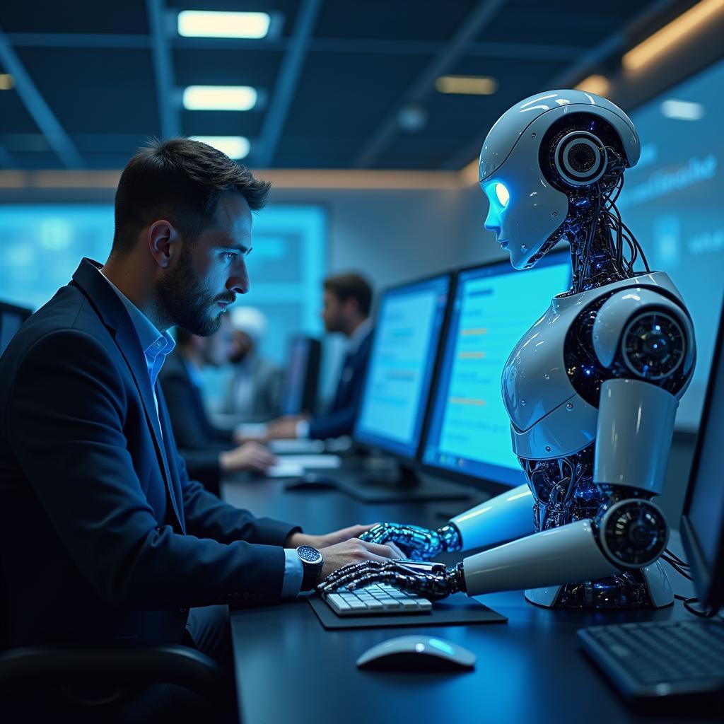 AI-powered chatbots replacing human agents in automated customer service interactions, showcasing technological advancement.