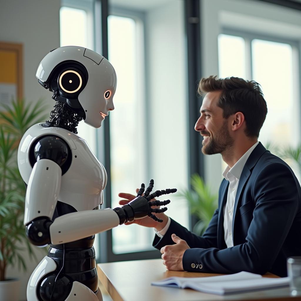 Advanced AI-powered humanoid robot interacting naturally with a human, showcasing future of AI robotics