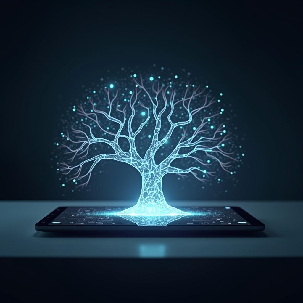 Futuristic interface showing AI dynamic branching narrative for personalized interactive storytelling adapting to user choices.