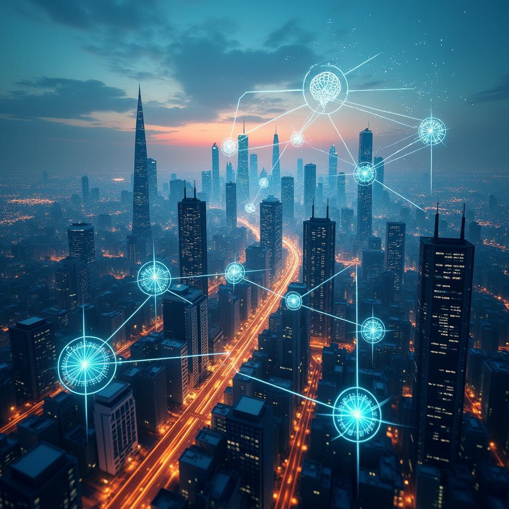 Futuristic concept art showcasing Artificial Intelligence algorithms and Internet of Things (IoT) devices collaborating to optimize a smart city's energy grid