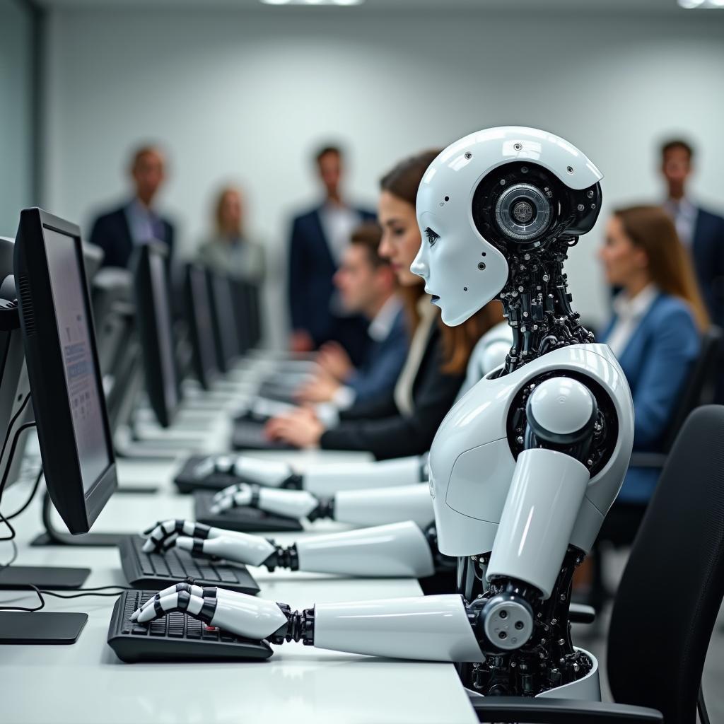 AI-driven job displacement concerns with robots replacing human workers, illustrating automation's workforce impact.