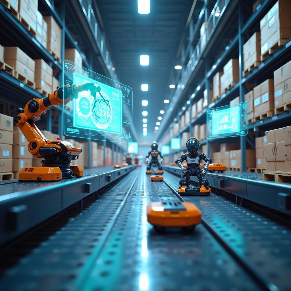 Futuristic AI-powered warehouse showcasing autonomous robots and advanced systems managing logistics and inventory.