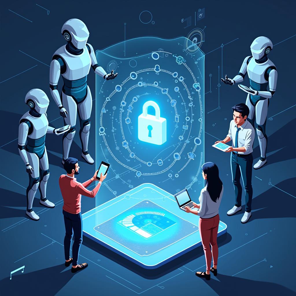 Futuristic illustration of AI transforming banking with robots, data analytics, and enhanced customer service automation.