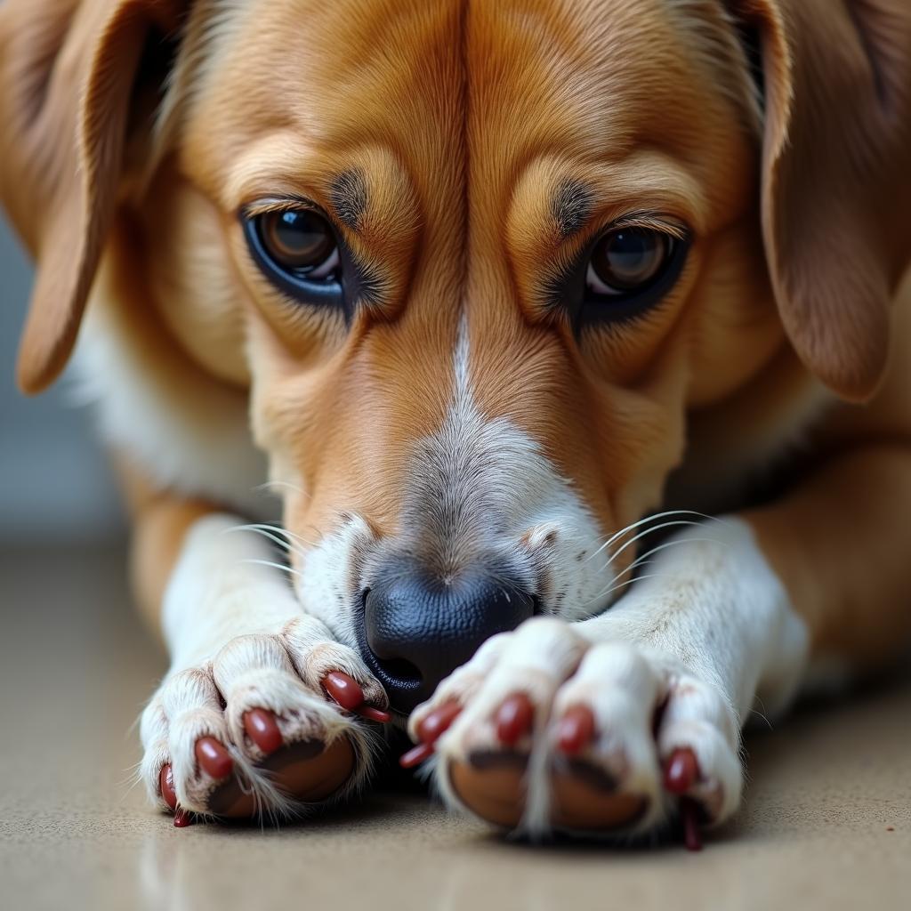 Anxious dog excessively licking its front paw, a common stress behavior leading to hair loss and skin irritation