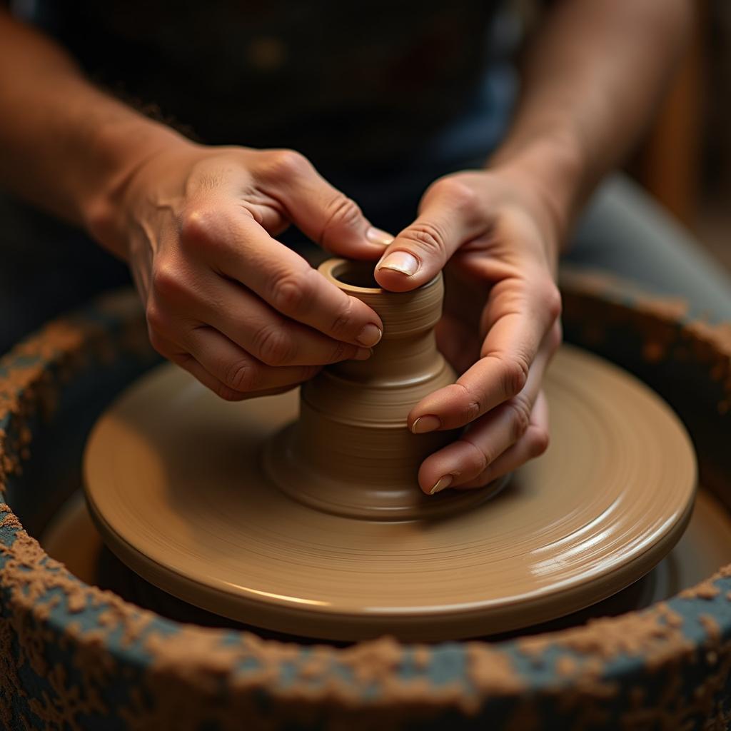 Artisan potter shapes clay vase on wheel, showcasing unique value of traditional handcrafted pottery skills.