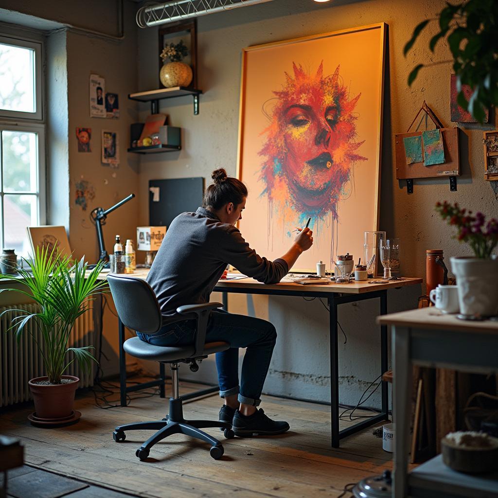 Artist in personal studio, embodying creative autonomy, market-driven success, no government funds.