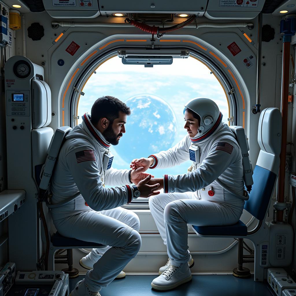 Astronauts collaborate on ISS experiment, showcasing teamwork and ingenuity in vital space exploration missions.