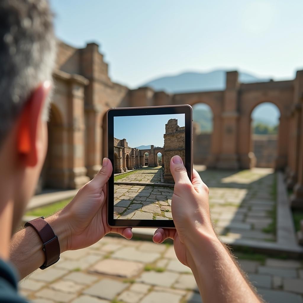 Person using smartphone augmented reality to visualize historical landmark's past, showing future tourism tech.