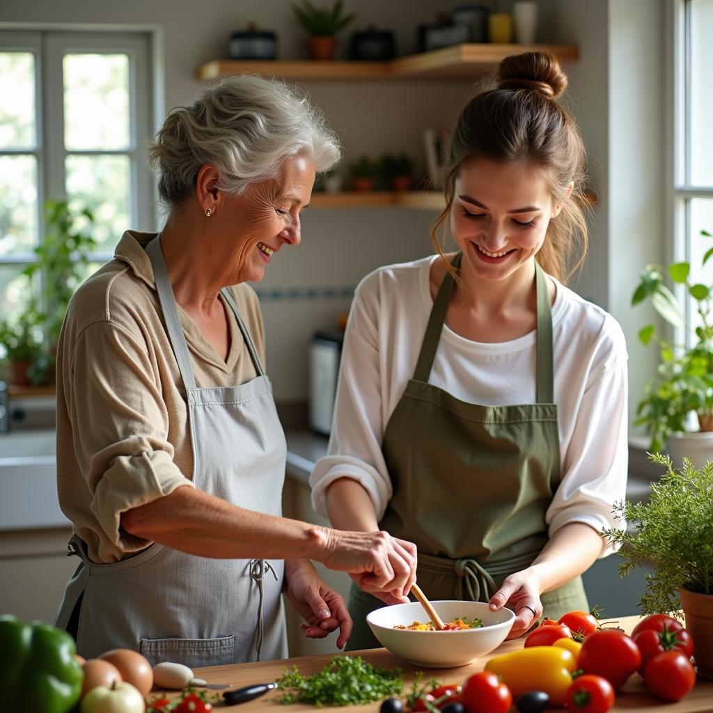 Experienced aunt joyfully teaching niece Mediterranean cooking in bright home kitchen with fresh ingredients.