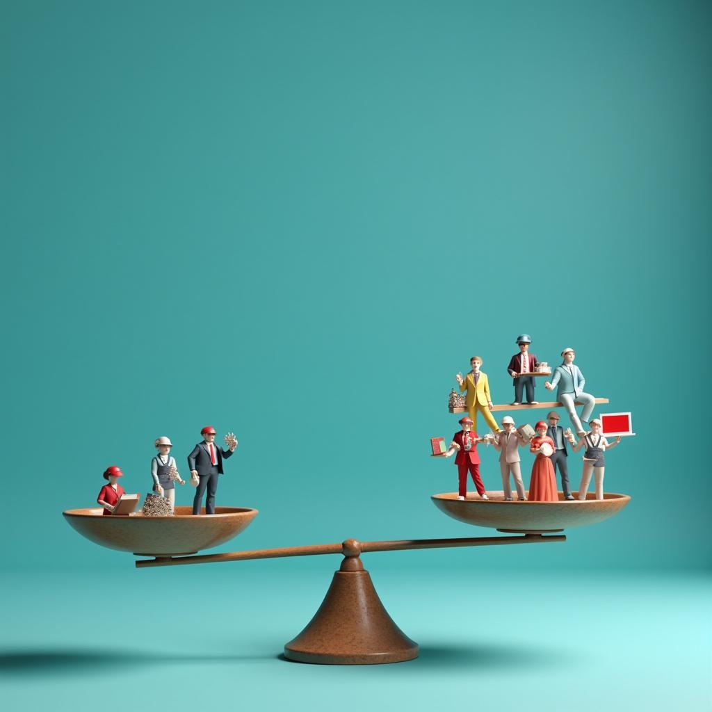 Conceptual image showing a scale balancing job displacement icons on one side and new tech job icons on the other, representing automation's dual impact
