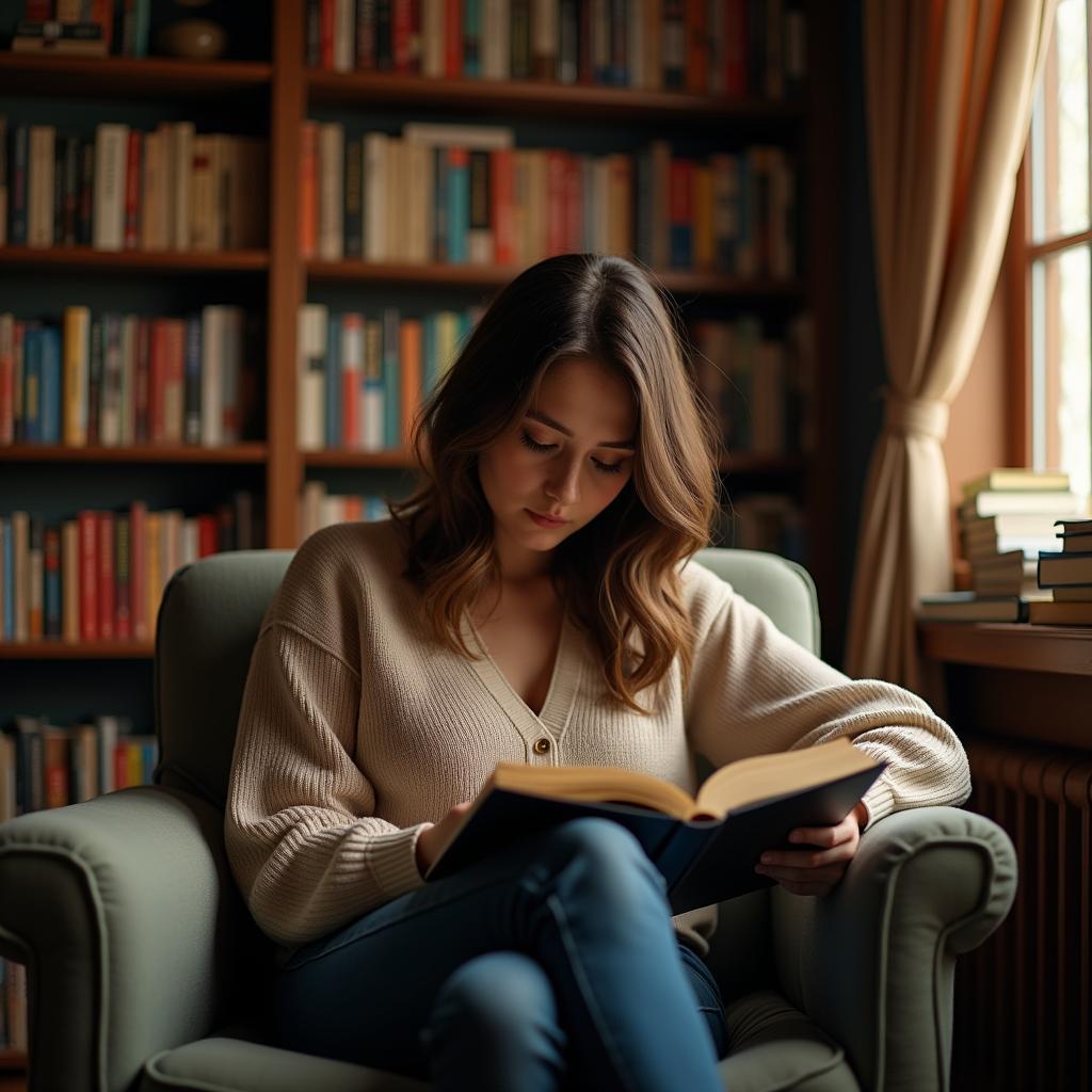 An enthusiastic avid reader surrounded by a diverse collection of books, deeply engrossed in reading a novel.