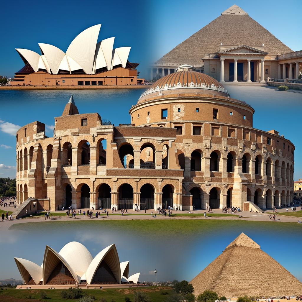 Awe-inspiring architectural marvels and iconic global landmarks collage showing diverse designs, cultural significance.
