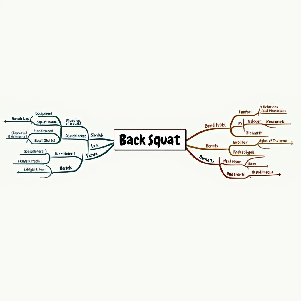 Concept mind map for back squat exercise: equipment, muscles, benefits, and variations.
