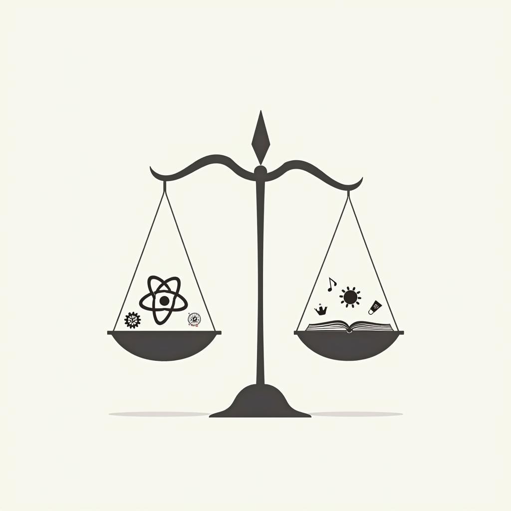 Balanced scale with technology and arts symbols, representing importance of holistic education curriculum.
