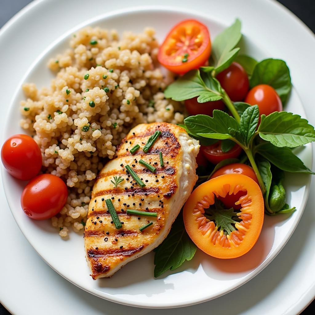 Balanced healthy meal with protein, carbs, fats, crucial for supporting a gym-free fitness journey.