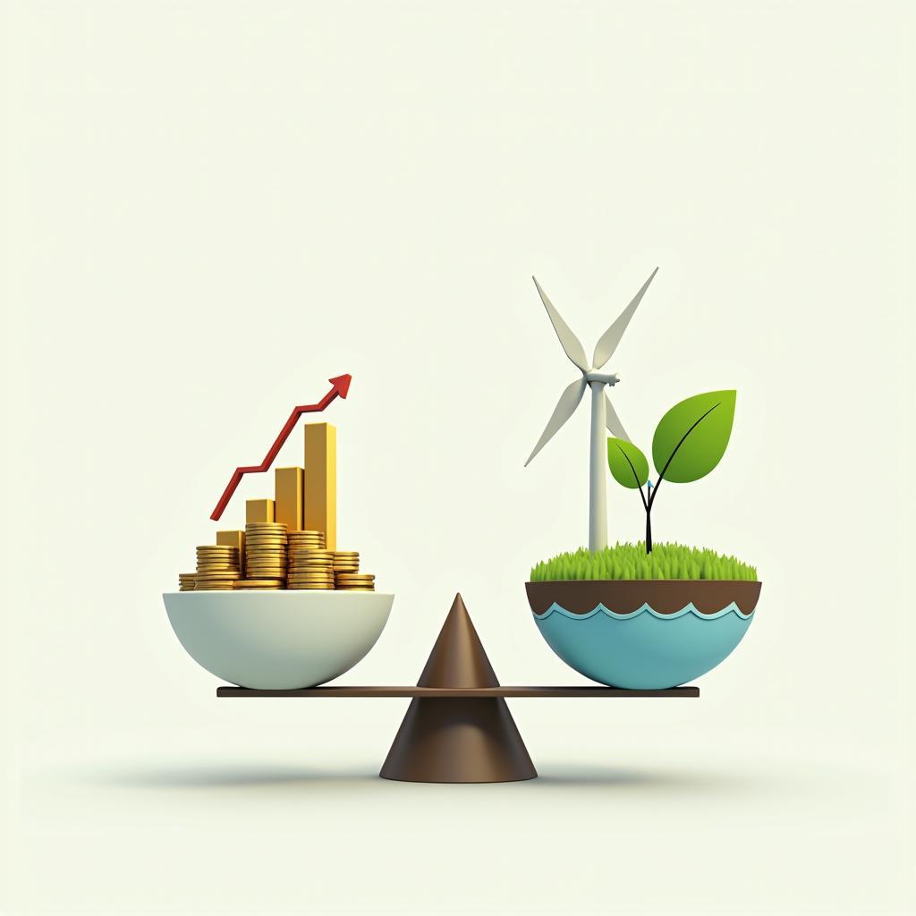 A balanced scale with symbols of economic growth on one side and environmental sustainability (green tech, nature) on the other.