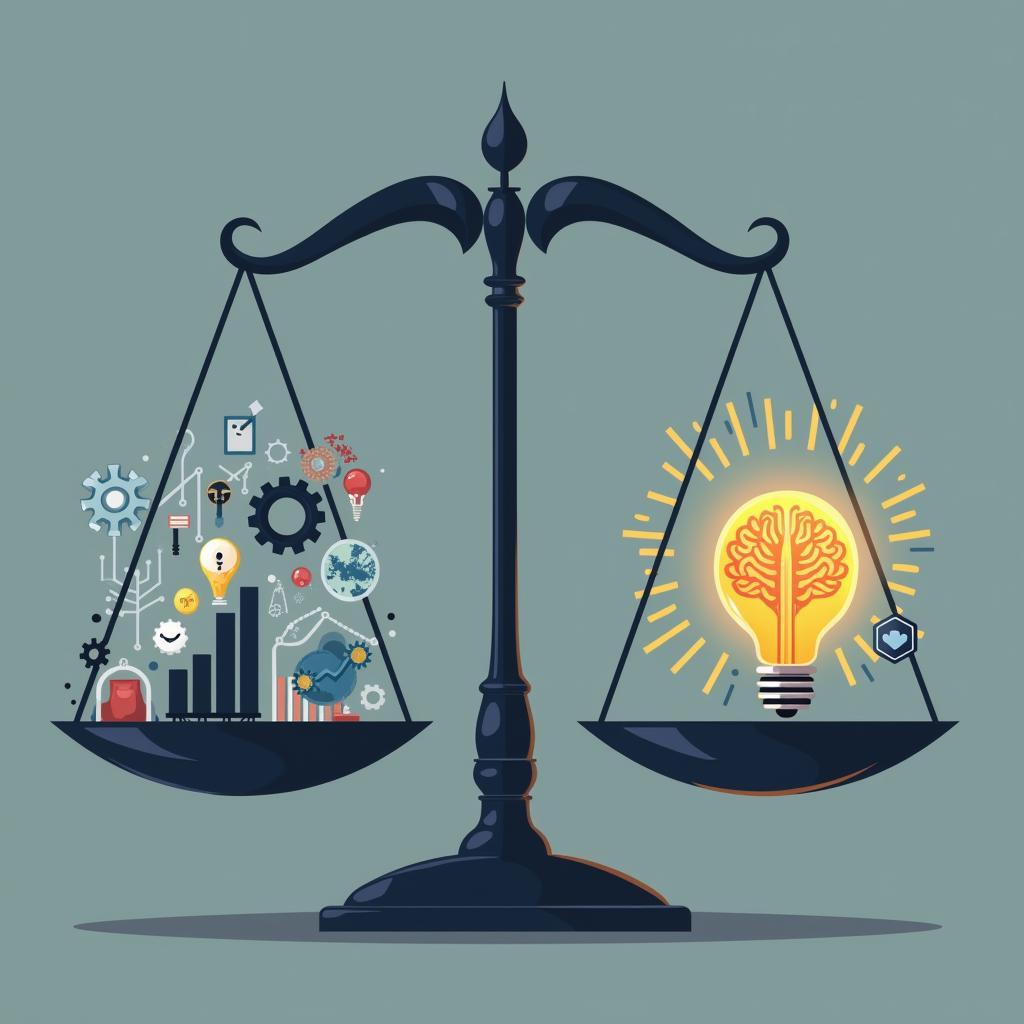 A conceptual image showing a balance scale with technology icons on one side and a human brain/lightbulb on the other, representing balancing data and intuition.