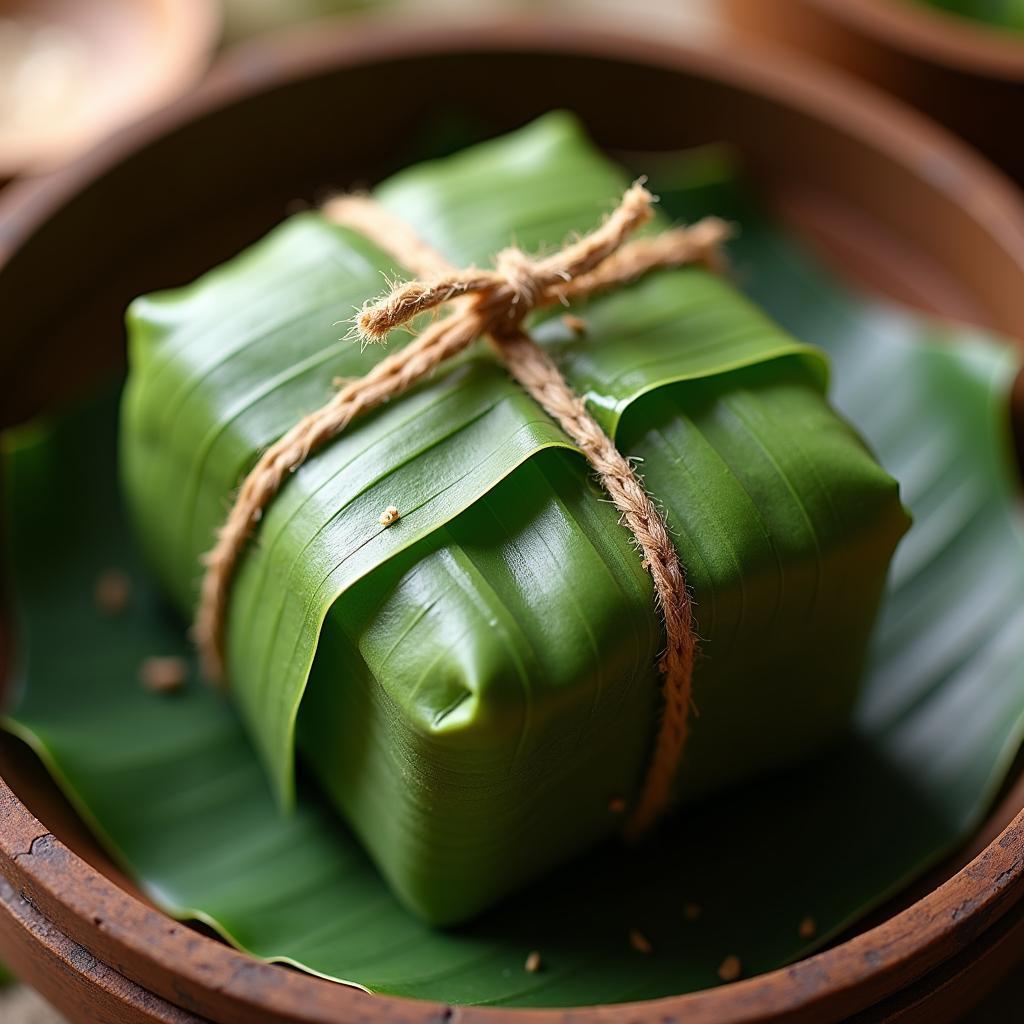 Traditional Vietnamese banh chung sticky rice cake centerpiece for Tet Lunar New Year celebration feast.