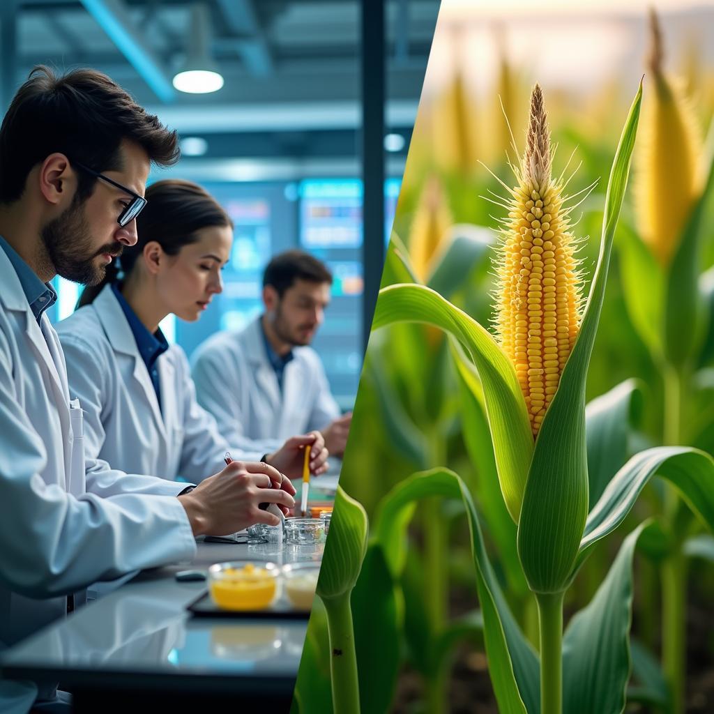 Agricultural biotechnology: lab gene editing and a GMO crop with visibly enhanced traits for productive, sustainable farming.