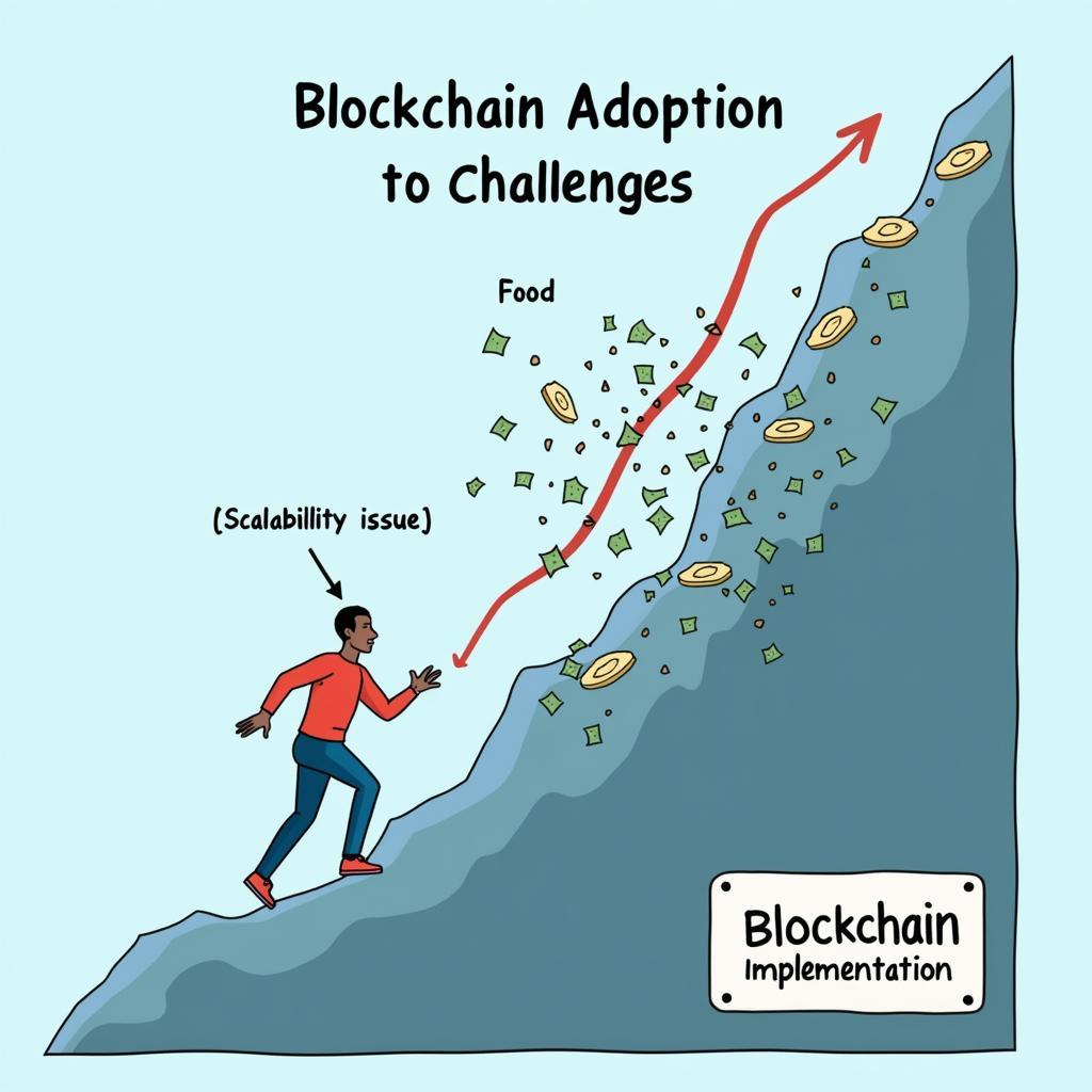 Illustration of blockchain adoption challenges: scalability issues and the steep learning curve for businesses.