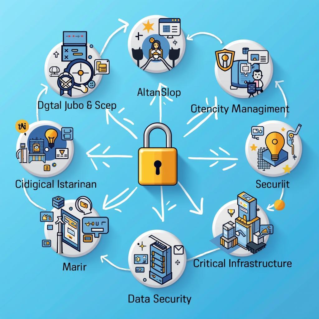 Blockchain applications for digital security: data integrity, identity management, IoT, and critical infrastructure illustrated.