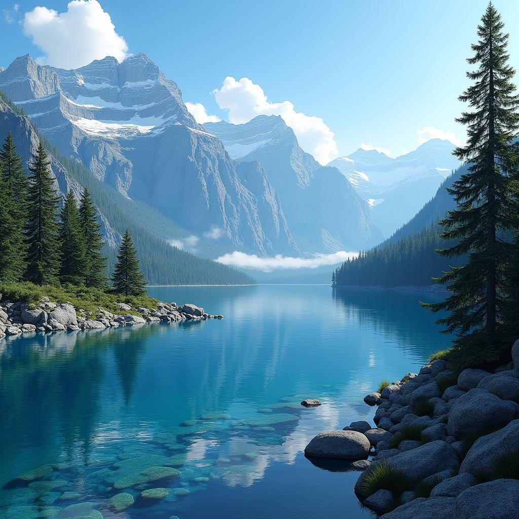 A breathtaking view of a mountain lake surrounded by towering pine trees and majestic snow-capped peaks under a clear blue sky.