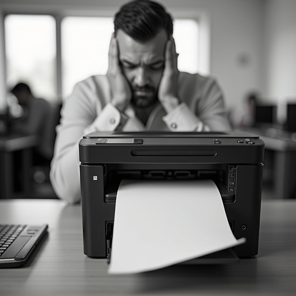 Black and white photo: broken office printer with frustrated person, illustrating a workplace problem-solving scenario.