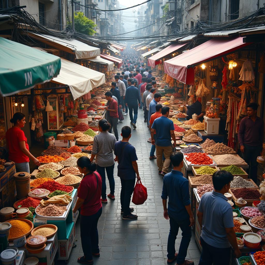 Vibrant bustling market scene full of people, an example of a crowded place for IELTS Speaking topic.