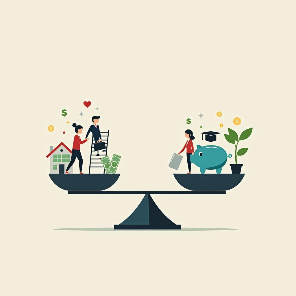 Conceptual image showing a scale balancing current career development against long-term retirement savings.