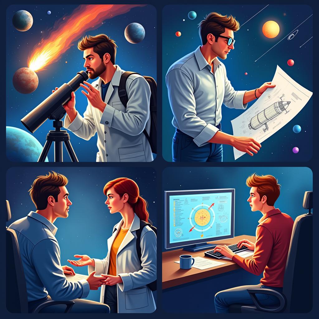 Montage: diverse space careers (astrophysicist, engineer, communicator) inspiring student aspirations in STEM and beyond.