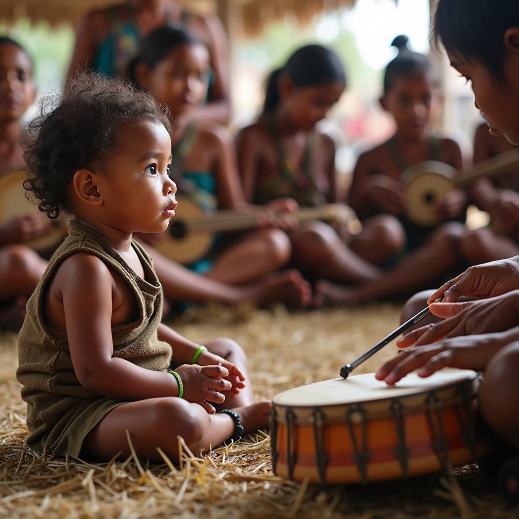 Child learning traditional music via observation, illustrating musical enculturation and cultural heritage transmission.