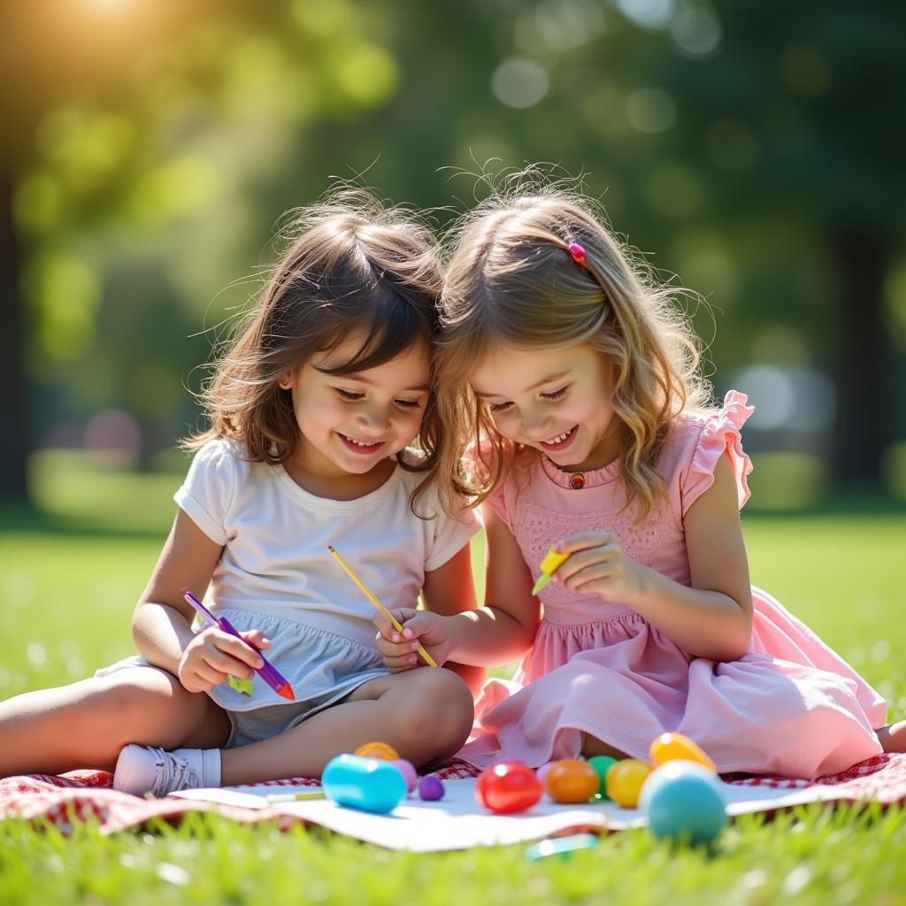 Two young girls playing together in a park