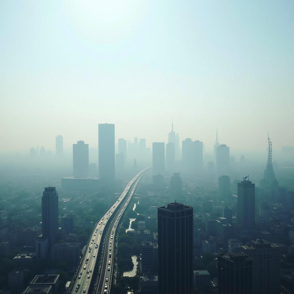 Dense cityscape with visible smog highlighting air pollution as a major public health concern in urbanized areas.