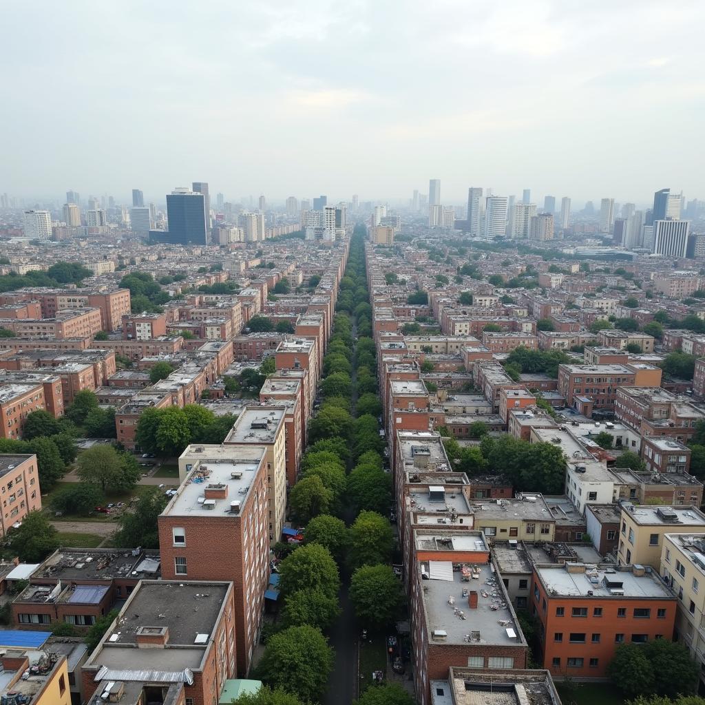 Urban cityscape showing an area needing improvement, ideal for IELTS speaking practice about urban development.