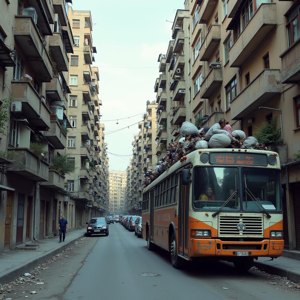 Urban scene depicting challenges of inadequate housing and overcrowded, inefficient public transportation in a bustling city