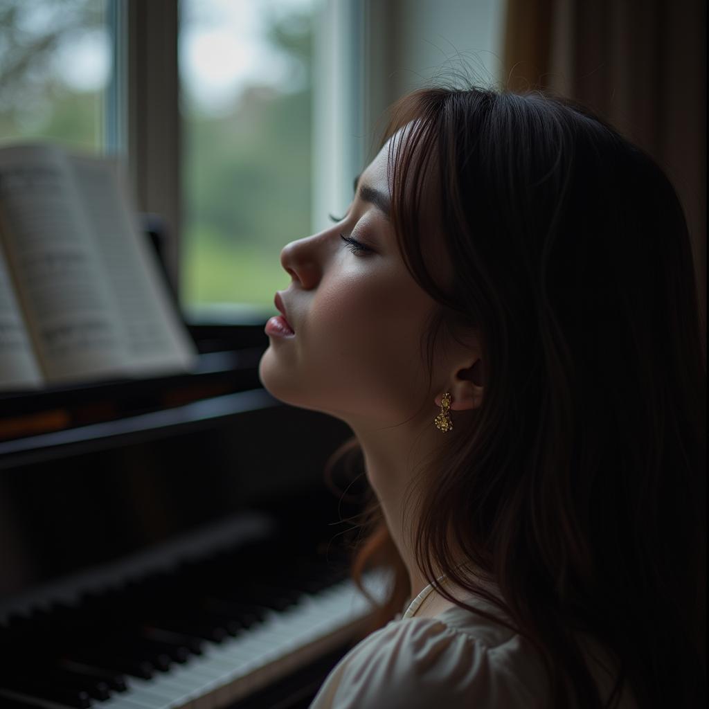 Person deeply moved while listening to Debussy's 'Clair de Lune' on piano, evoking tranquility