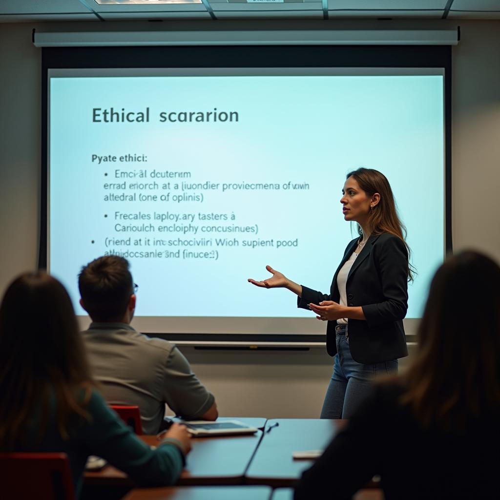 Teacher conducting ethics lesson in modern classroom