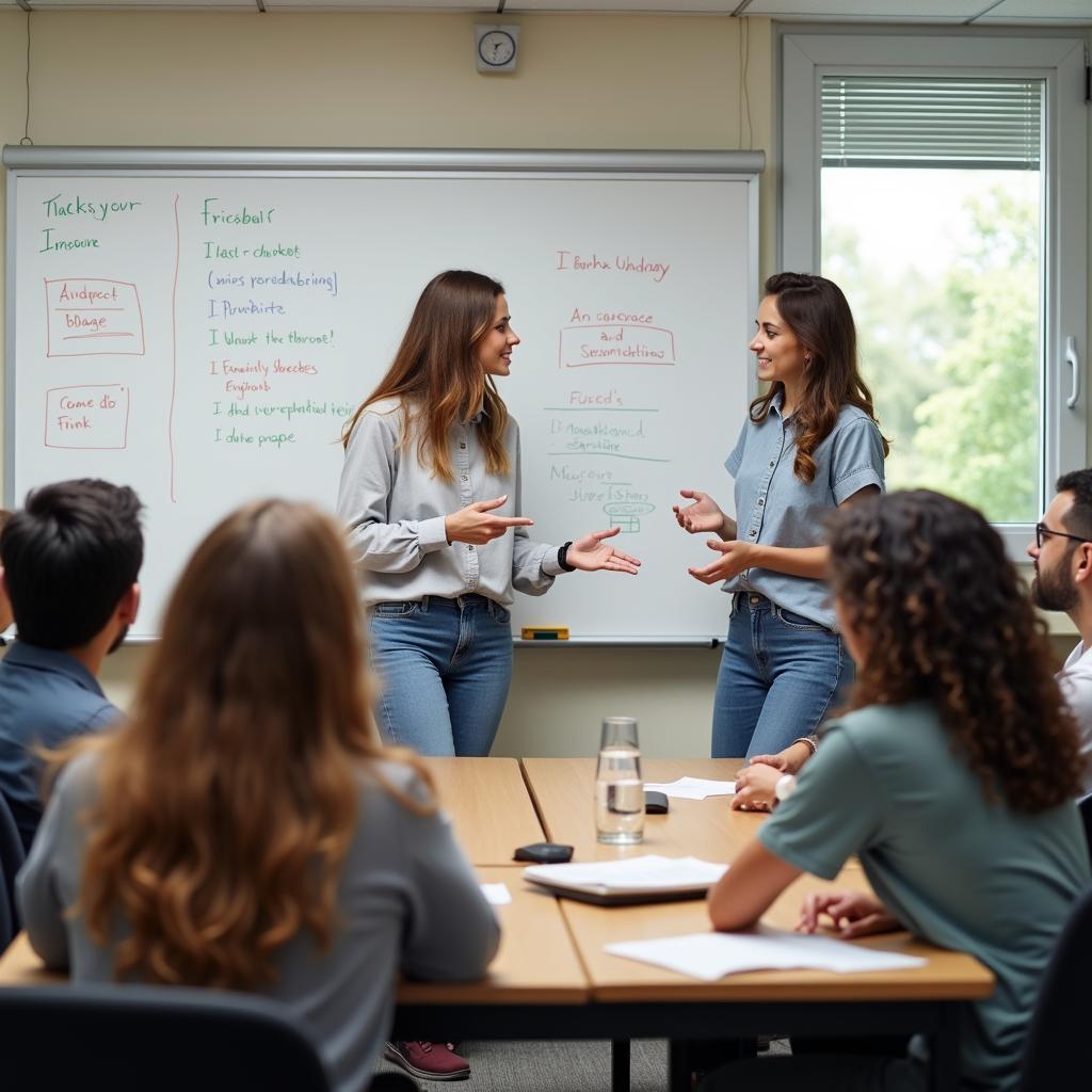Students and teacher interacting in traditional classroom setting