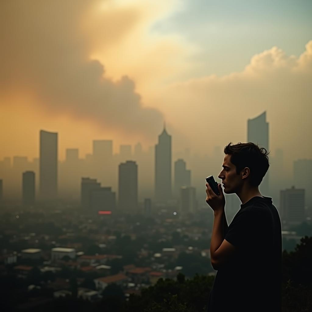 City skyline obscured by smog or wildfire smoke illustrating climate change's impact on air quality and respiratory health.