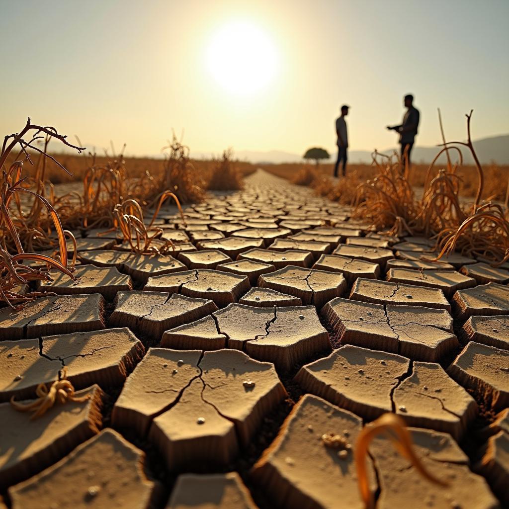 Devastating impact of climate change on agriculture showing crop failure due to extreme weather patterns.