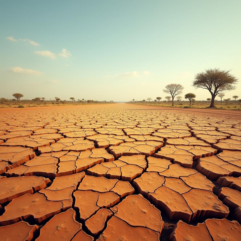 Impact of climate change on water availability, depicted by a severe drought scene in sub-Saharan Africa with dry land.