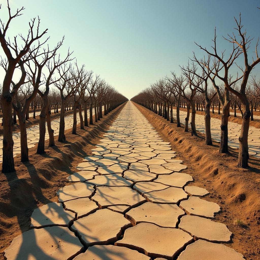 Impact of climate change showing drought-stricken wine vineyard with dry soil and withered grapevines