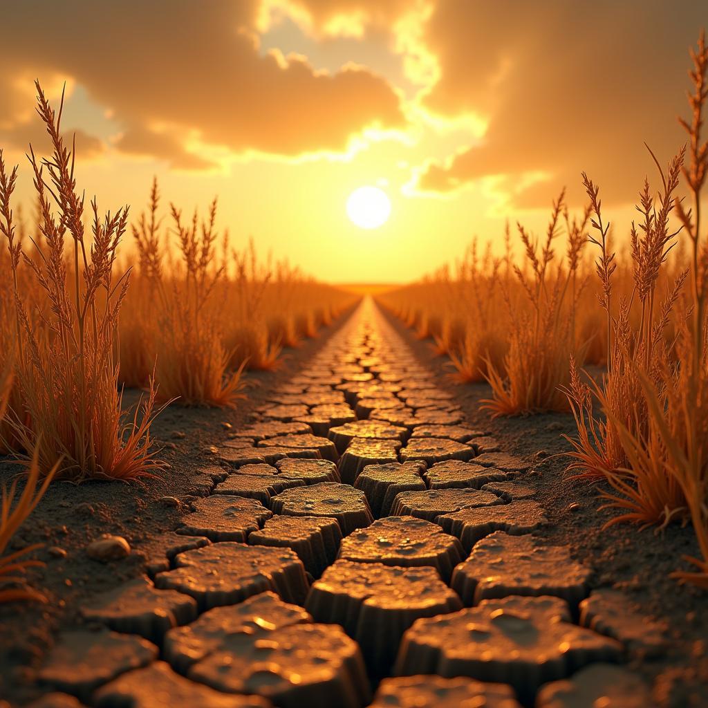 Climate Change Impact on Agriculture: withered crops and drought-stricken arid farm land.