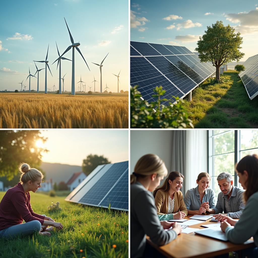 Illustrative collage of climate change mitigation strategies, including renewable energy sources, reforestation, and community preparedness actions.