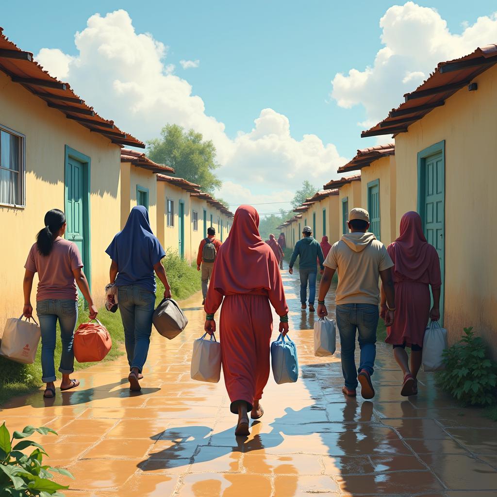 Climate refugees in temporary housing settlements showing adaptation challenges