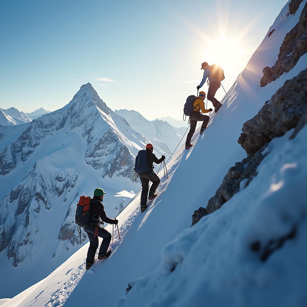 Climbers roped together on mountain, illustrating team cohesion mnemonic via mutual support and effort.