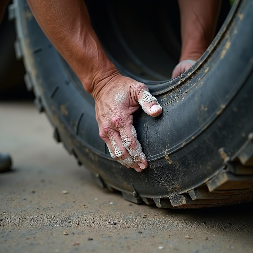 Close-up of hands gripping large tire for flip, showing exercise technique and preparation