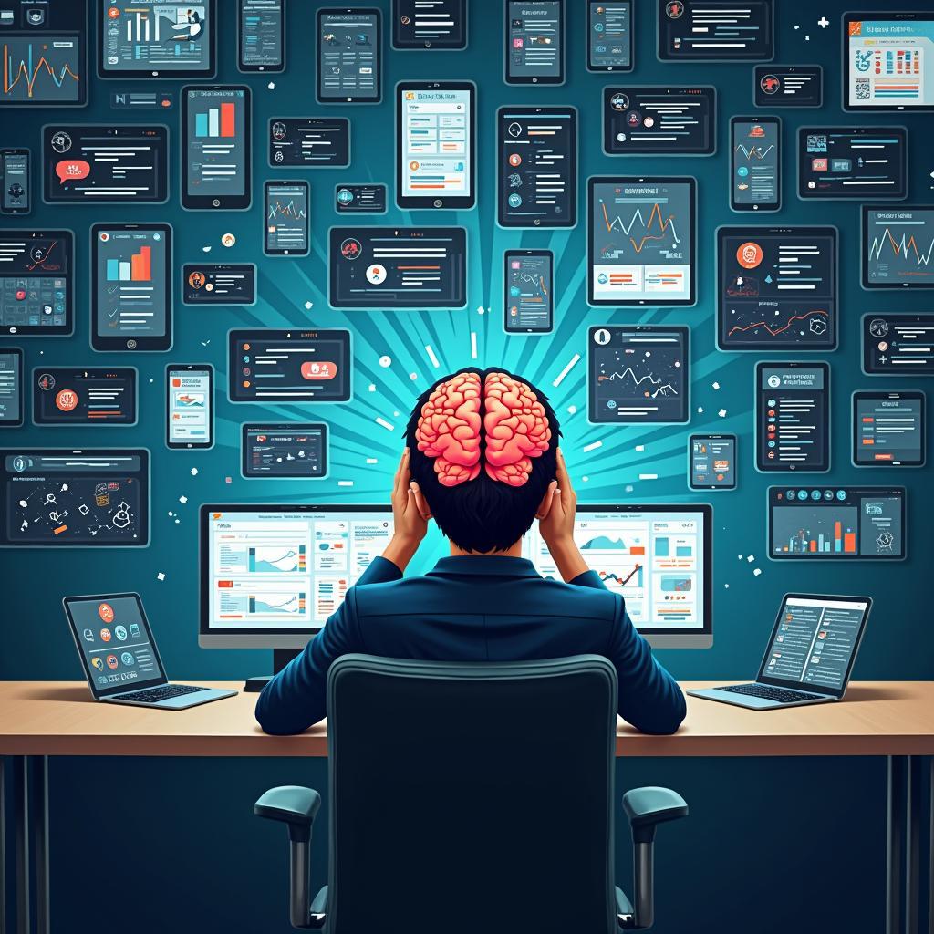 Person experiencing cognitive fatigue from information overload, surrounded by multiple glowing screens displaying excessive data, impacting critical analysis.