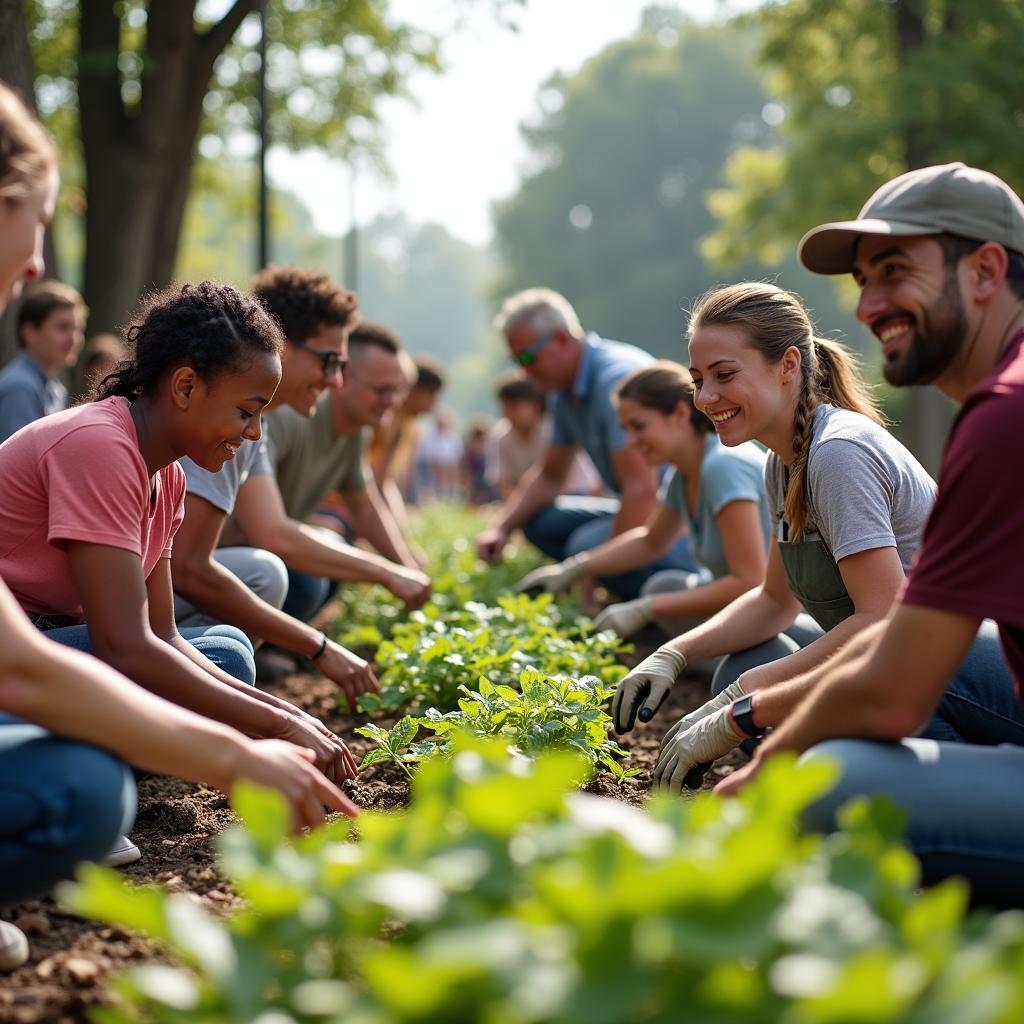 Diverse group of community members engaged in a supportive activity, showcasing mutual help and connection.
